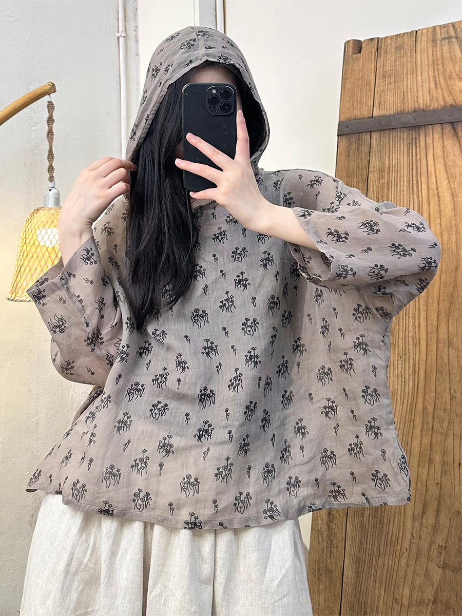 Women Summer Artsy Floral Hooded Ramie Shirt TY1016