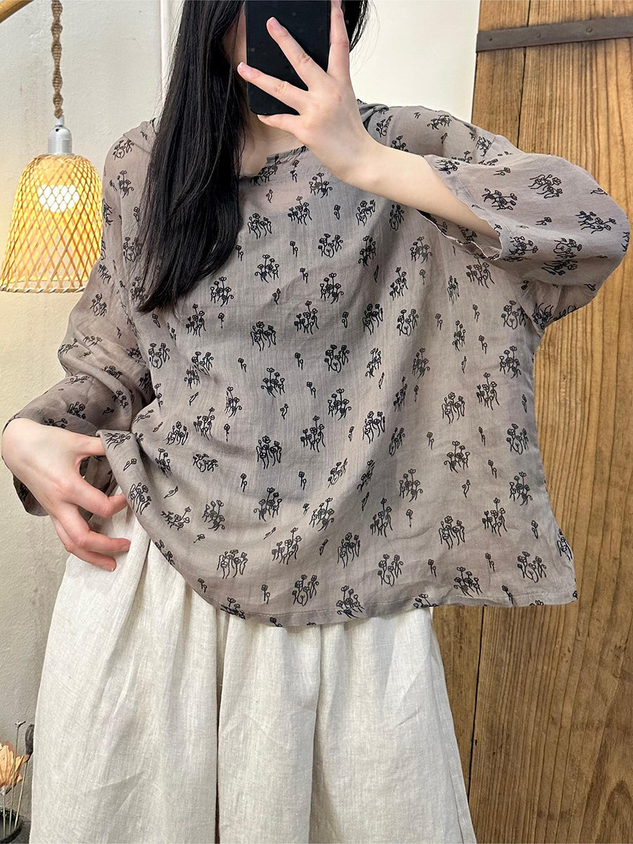 Women Summer Artsy Floral Hooded Ramie Shirt TY1016