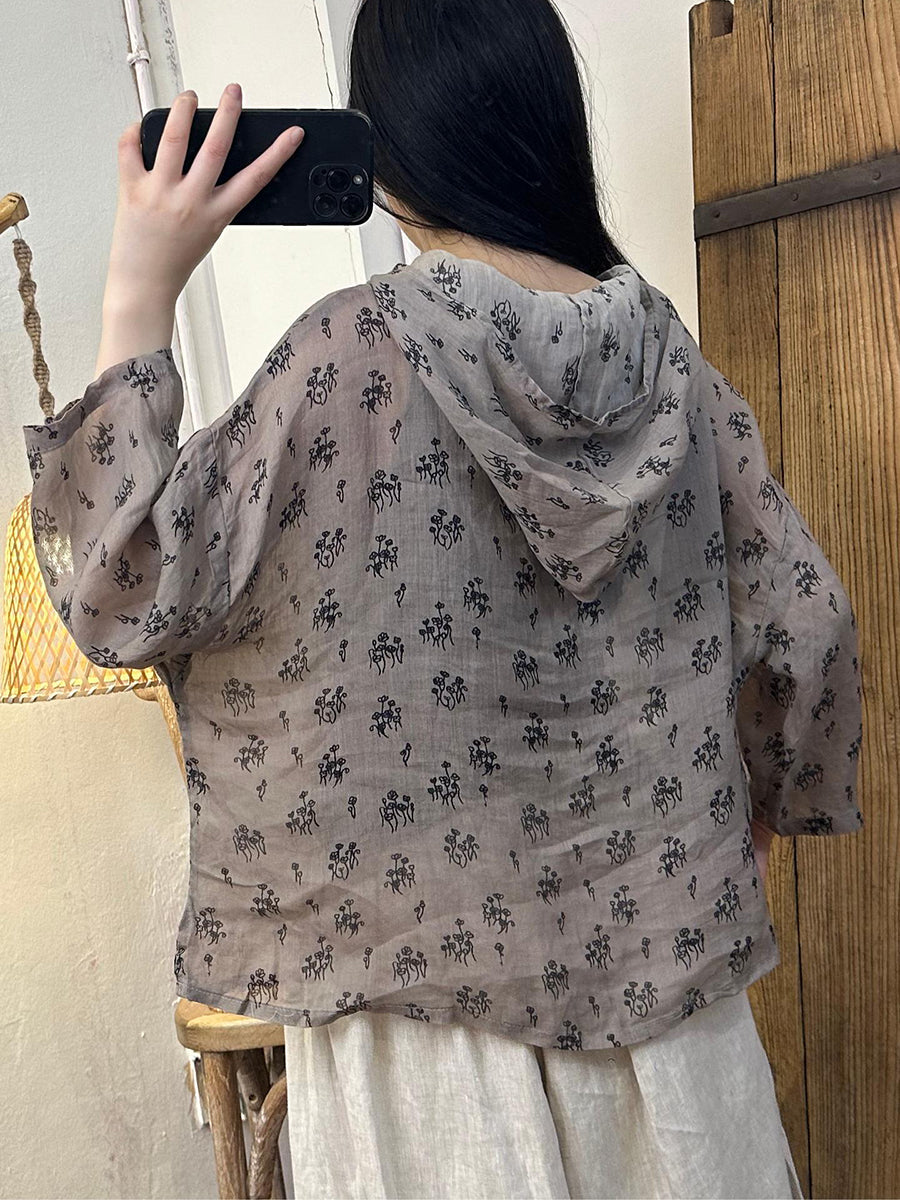 Women Summer Artsy Floral Hooded Ramie Shirt TY1016