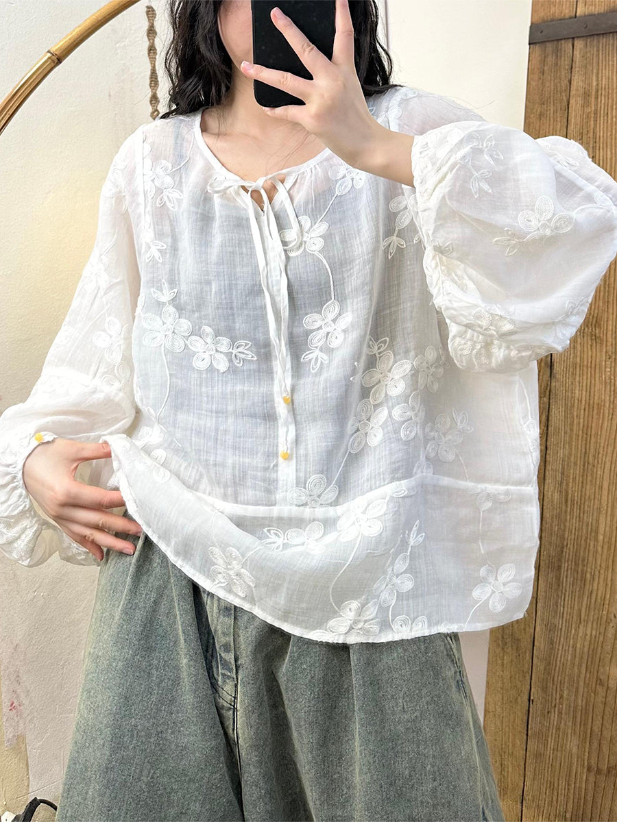 Women Summer Artsy Embroidery Solid Strap Ramie Shirt TY1023