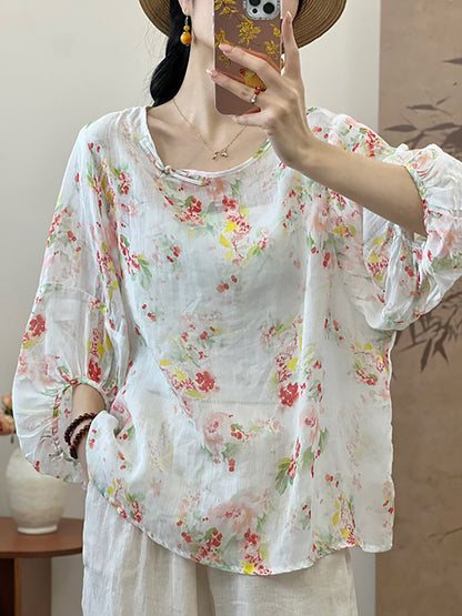 Chemise ample à imprimé floral pour femme, style arty, en ramie, UI1007