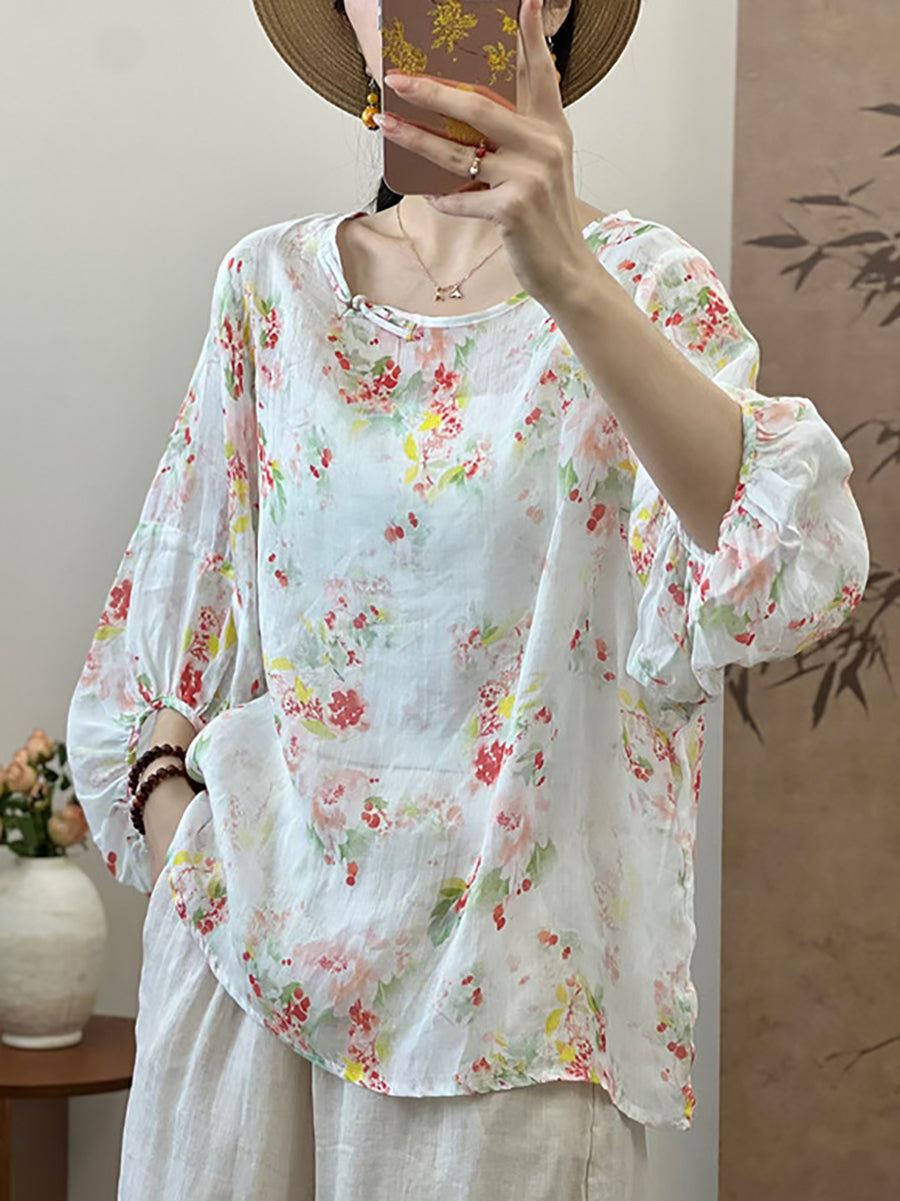 Women Summer Artsy Floral Loose Ramie Shirt UI1007