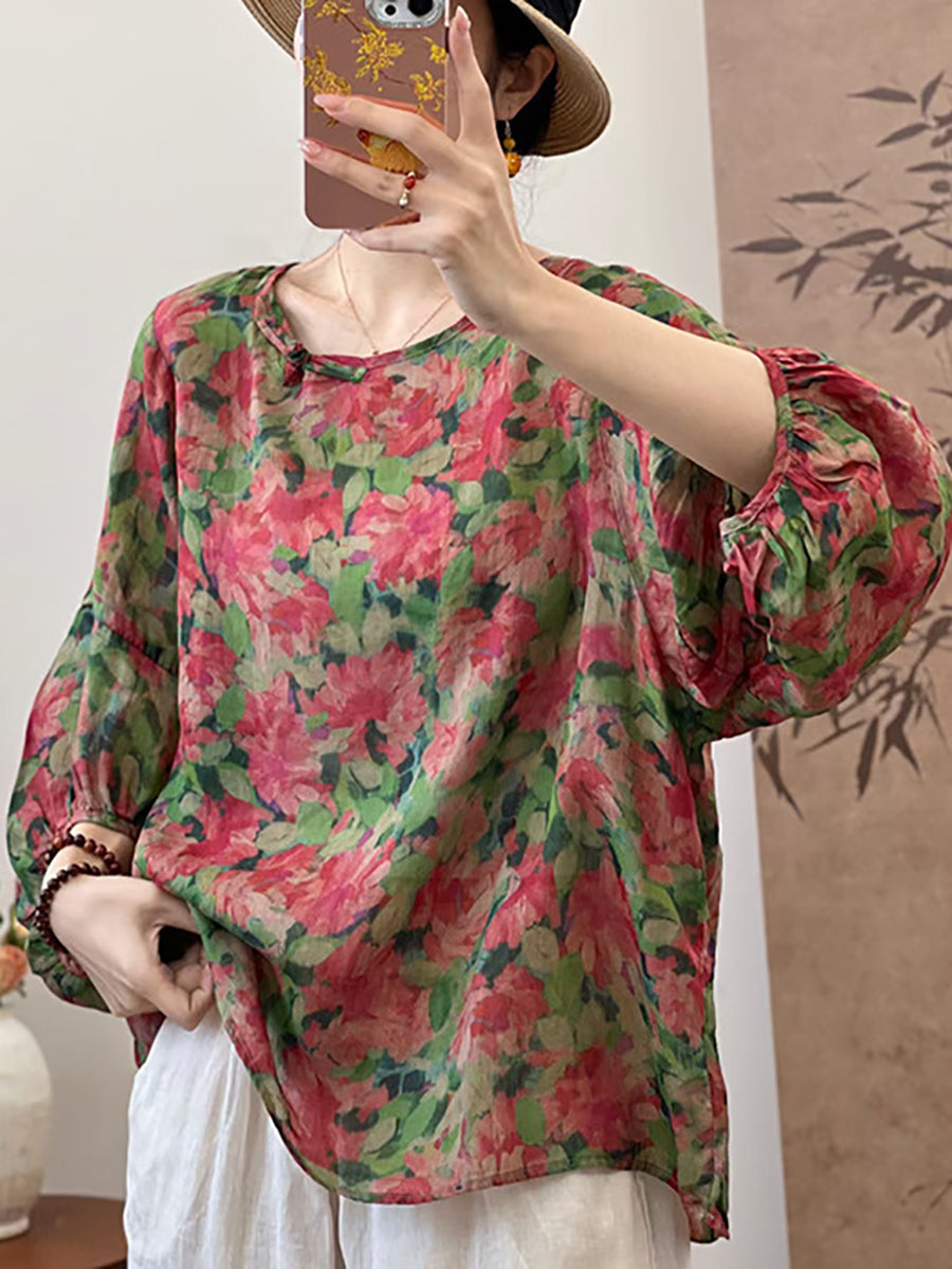 Women Summer Artsy Floral Loose Ramie Shirt UI1007