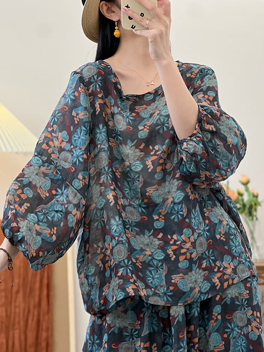 Women Summer Artsy Floral Loose Ramie Shirt UI1007