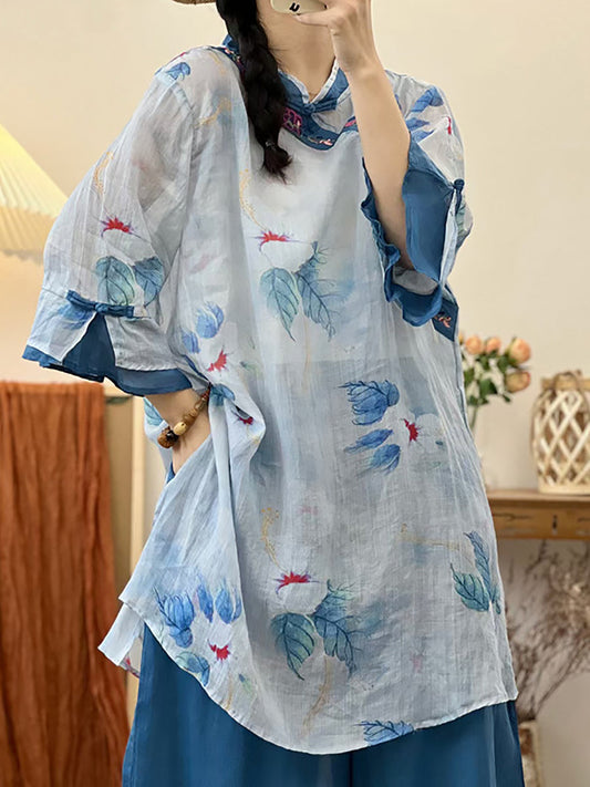 Women Summer Ethnic Flower Embroidery Ramie Shirt UI1006