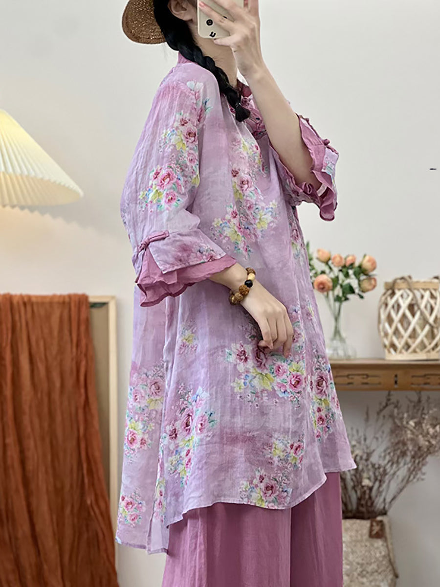 Women Summer Ethnic Flower Embroidery Ramie Shirt UI1006