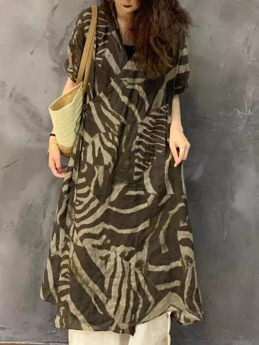 Women Summer Casual Print Ramie Strap Dress UI1004