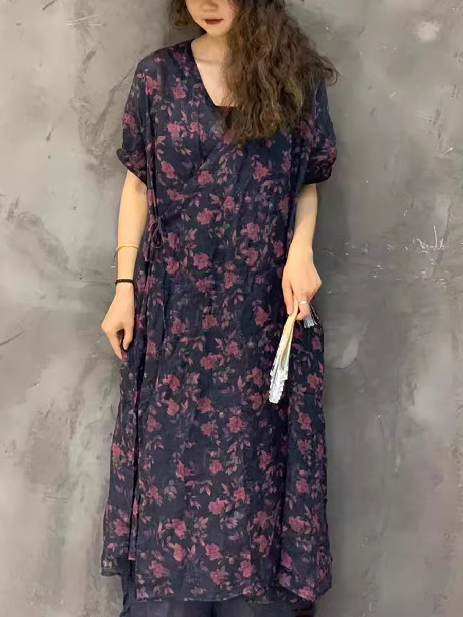 Women Summer Casual Print Ramie Strap Dress UI1004