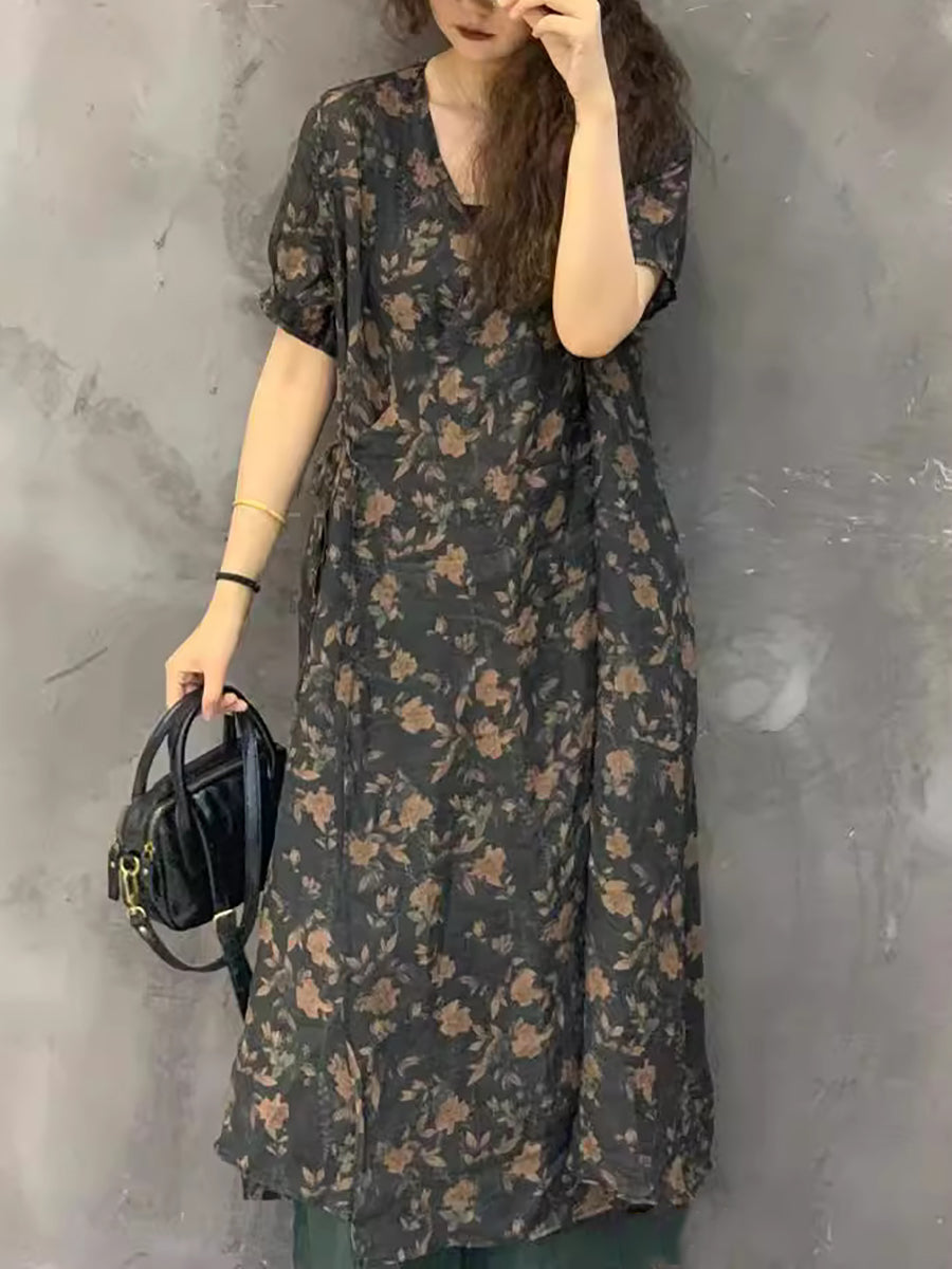 Women Summer Casual Print Ramie Strap Dress UI1004