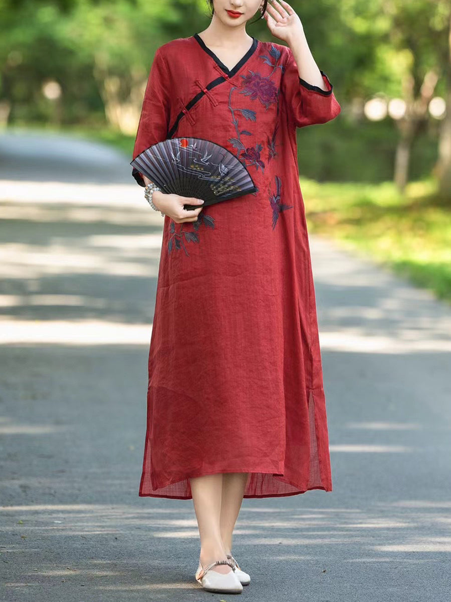 Women Summer Ethnic Flower Linen V-Neck Dress UI1005