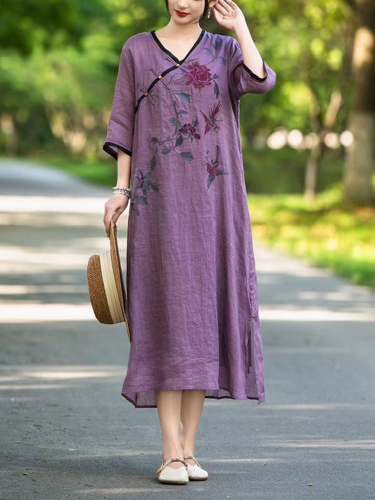 Women Summer Ethnic Flower Linen V-Neck Dress UI1005