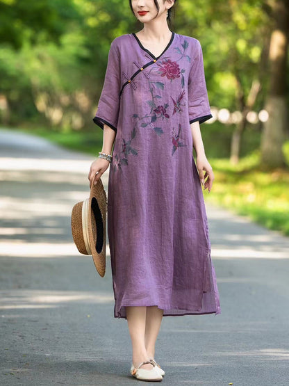 Robe d'été à col en V en lin à fleurs ethniques pour femmes UI1005