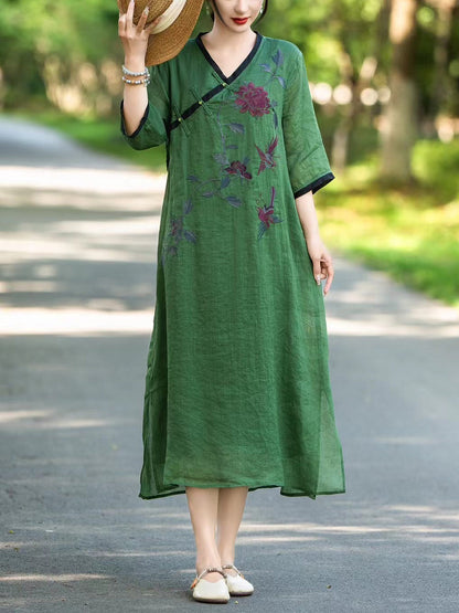 Robe d'été à col en V en lin à fleurs ethniques pour femmes UI1005