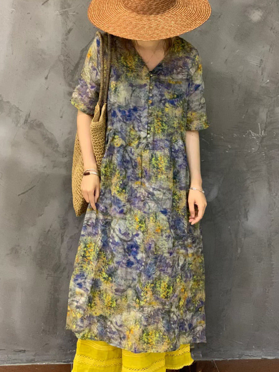 Women Summer Vintage Flower Ramie Button Dress UI1002