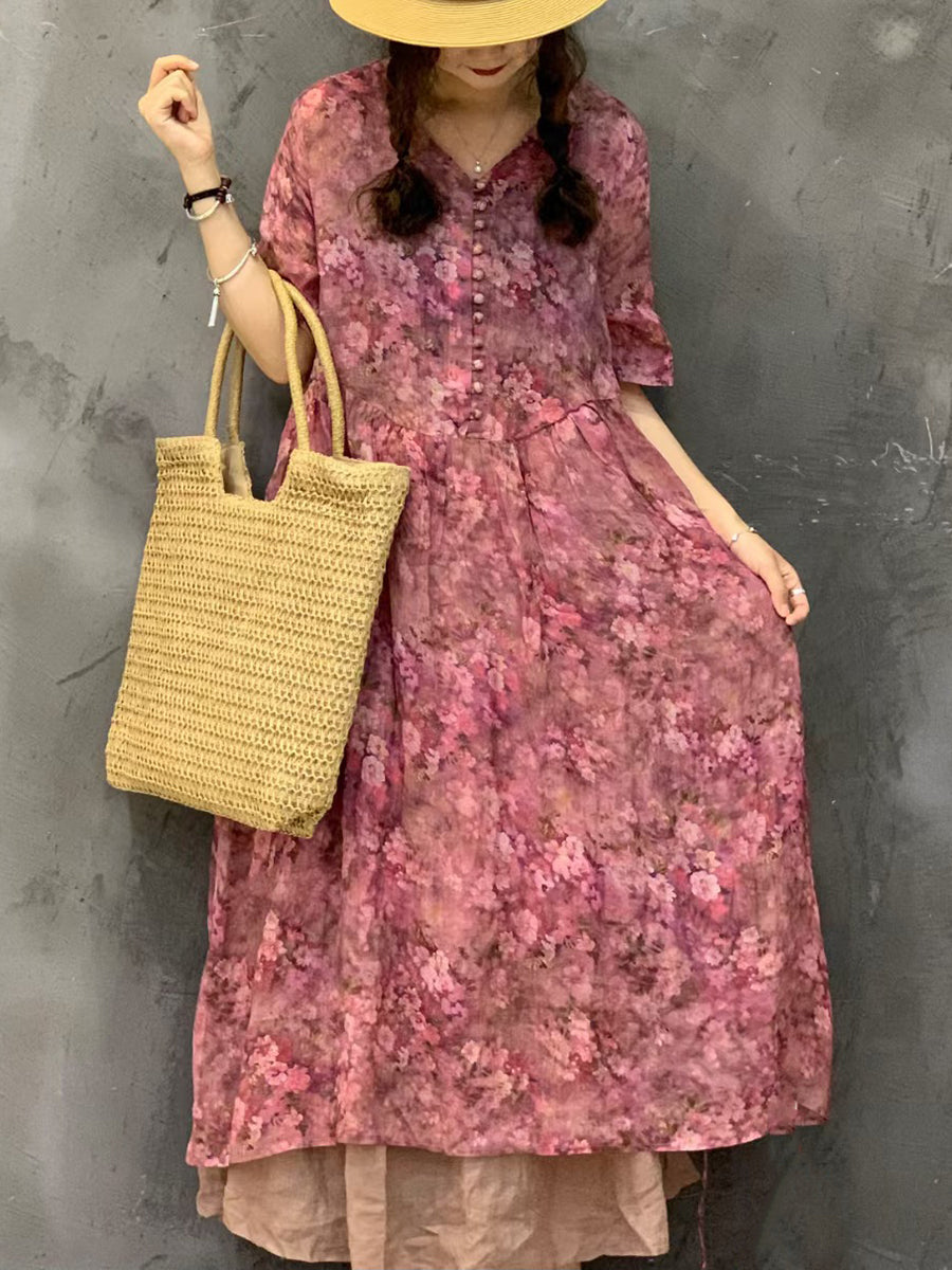 Women Summer Vintage Flower Ramie Button Dress UI1002