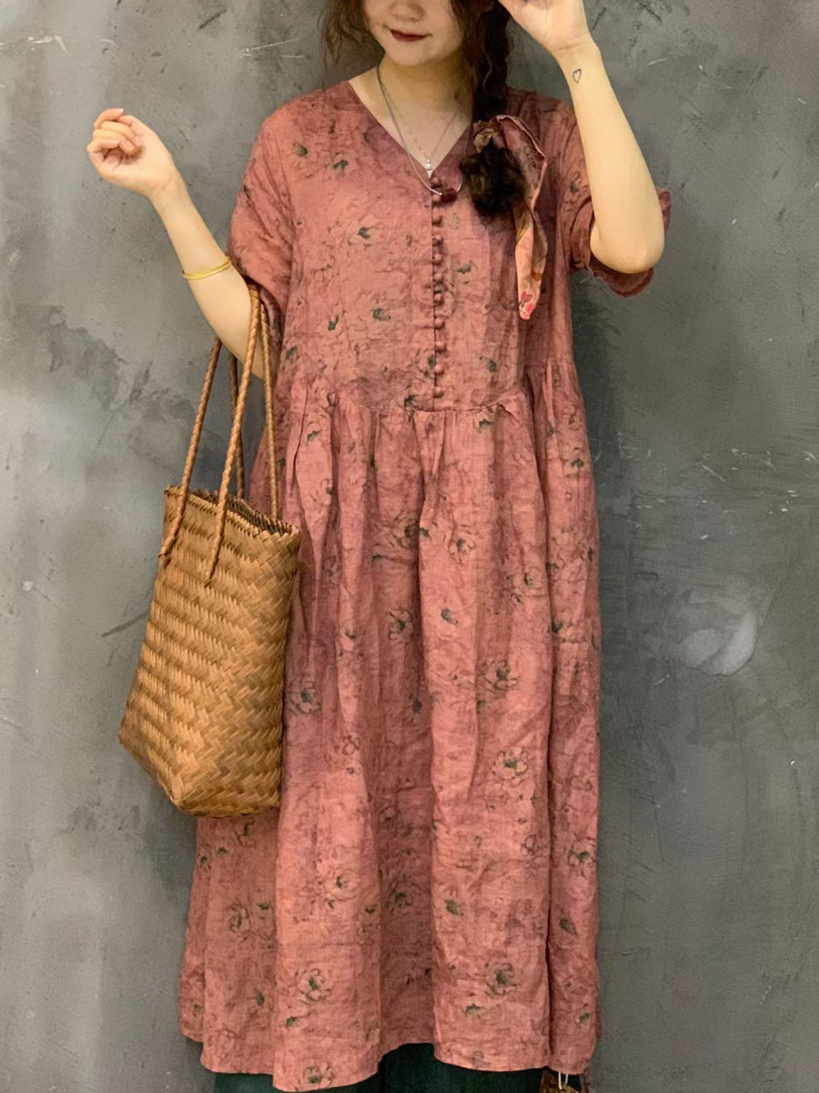 Women Summer Vintage Flower Ramie Button Dress UI1002