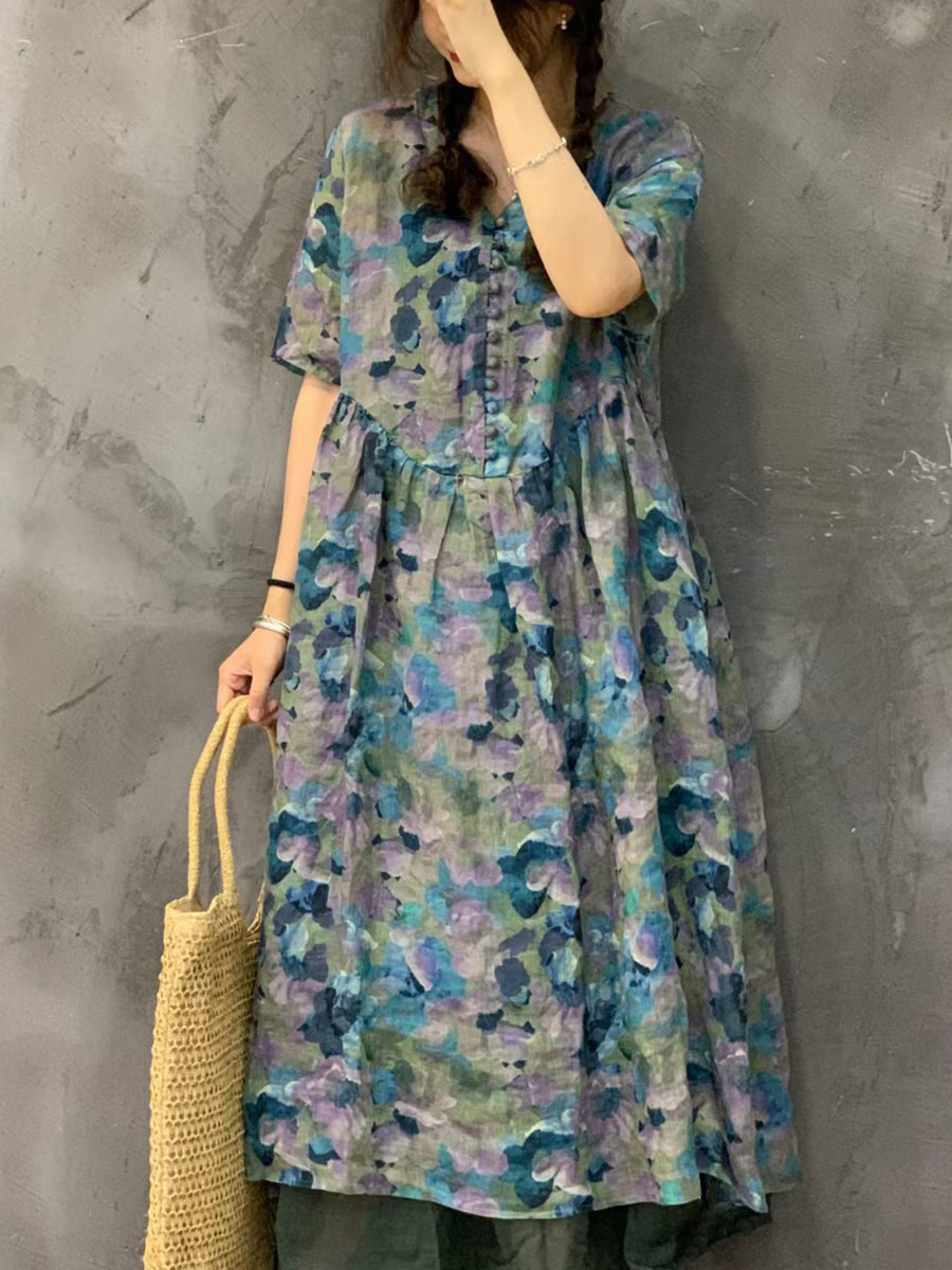 Women Summer Vintage Flower Ramie Button Dress UI1002