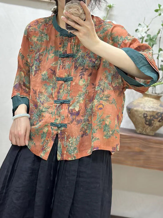 Women Summer Vintage Flower Spliced Button-Up Ramie Shirt IO1008