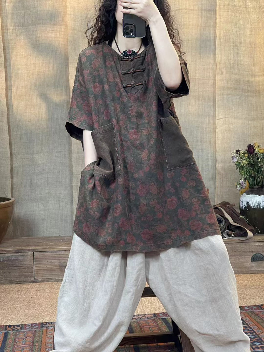 Women Summer Vintage Flower Spliced Buckle Linen Shirt IO1013