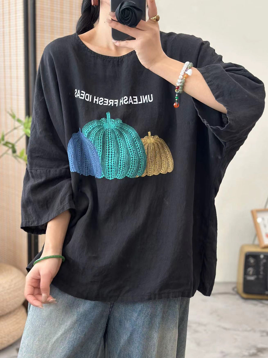 Women Summer Casual Pumpkin Print O-Neck Cotton Shirt IO1006