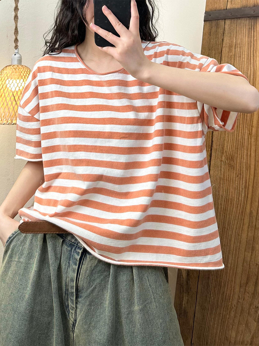 Women Summer Casual Stripe Cotton Pullover Shirt IO1003