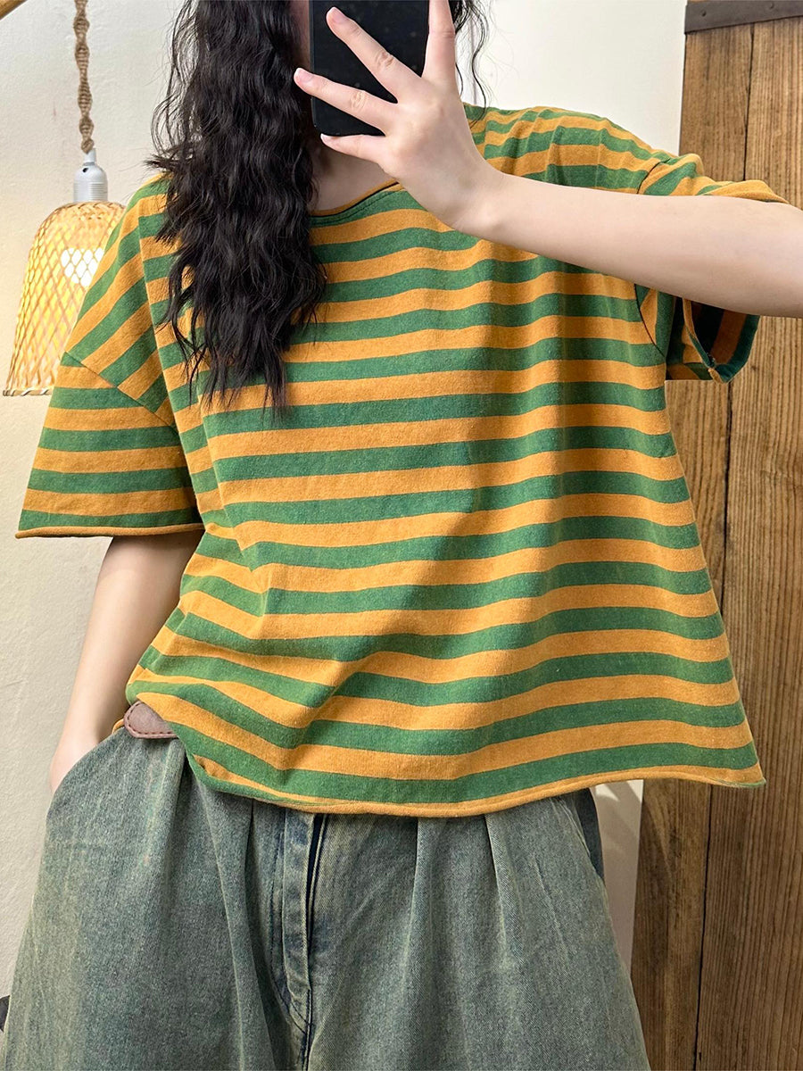 Women Summer Casual Stripe Cotton Pullover Shirt IO1003