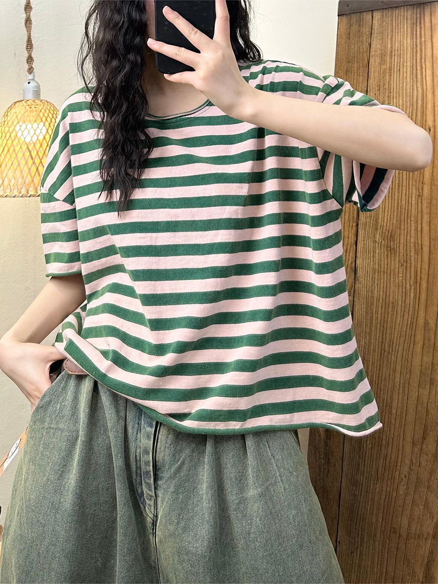 Women Summer Casual Stripe Cotton Pullover Shirt IO1003