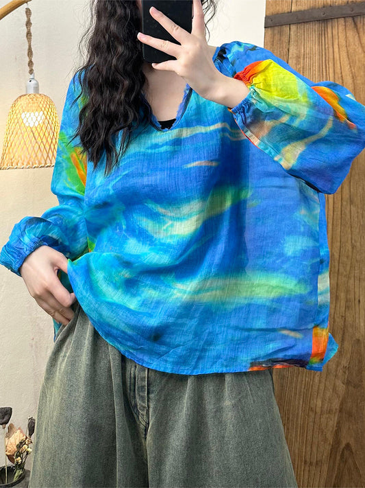 Women Summer Artsy Tie-dye Lantern Sleeve Ramie Shirt IO1002