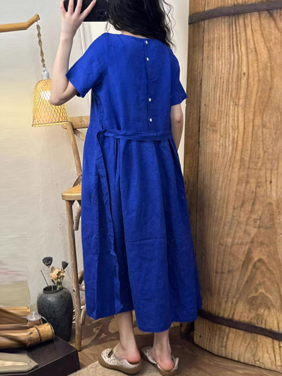 Women Summer Casual Bamboo Embroidery Strap Linen Dress IO1001