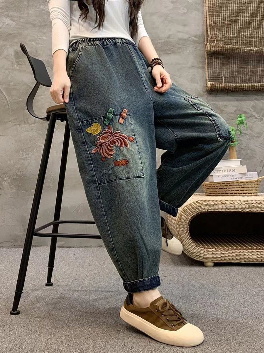 Women Summer Retro Flower Embroidery Denim Harem Pants IO1021