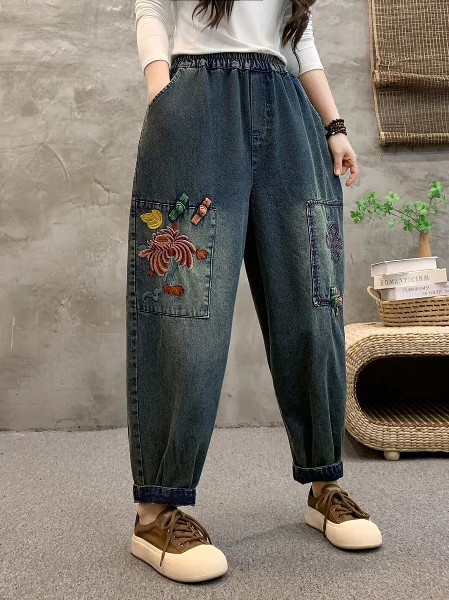 Women Summer Retro Flower Embroidery Denim Harem Pants IO1021