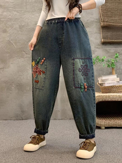 Pantalon sarouel en denim brodé de fleurs rétro pour femme IO1021