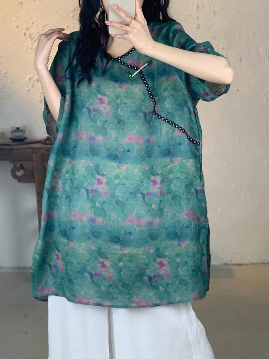 Women Summer Vintage Flower V-Neck Long Ramie Shirt IO1017