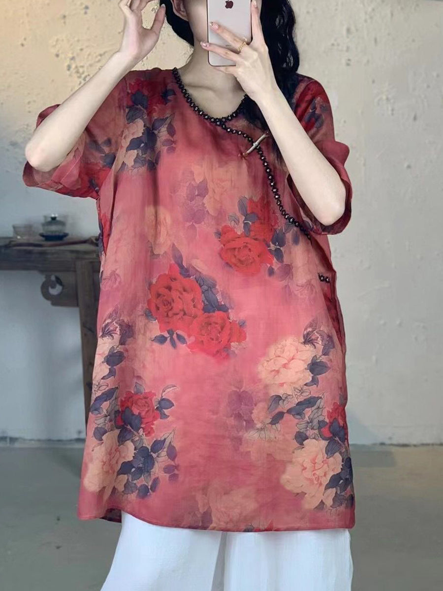 Women Summer Vintage Flower V-Neck Long Ramie Shirt IO1017