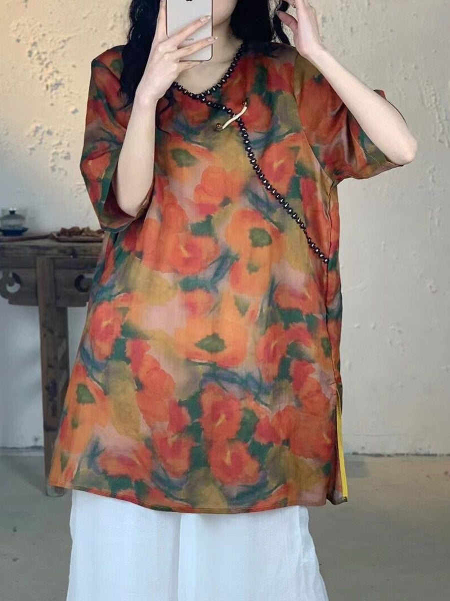 Women Summer Vintage Flower V-Neck Long Ramie Shirt IO1017