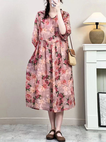 Robe d'été vintage à bretelles florales en ramie pour femmes IO1016