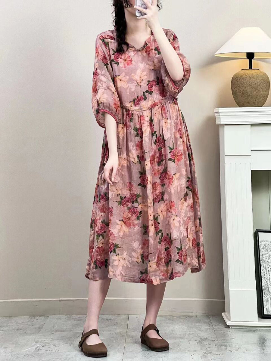 Women Summer Vintage Floral Strap Ramie Dress IO1016