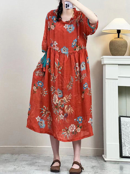 Robe d'été vintage à bretelles florales en ramie pour femmes IO1016