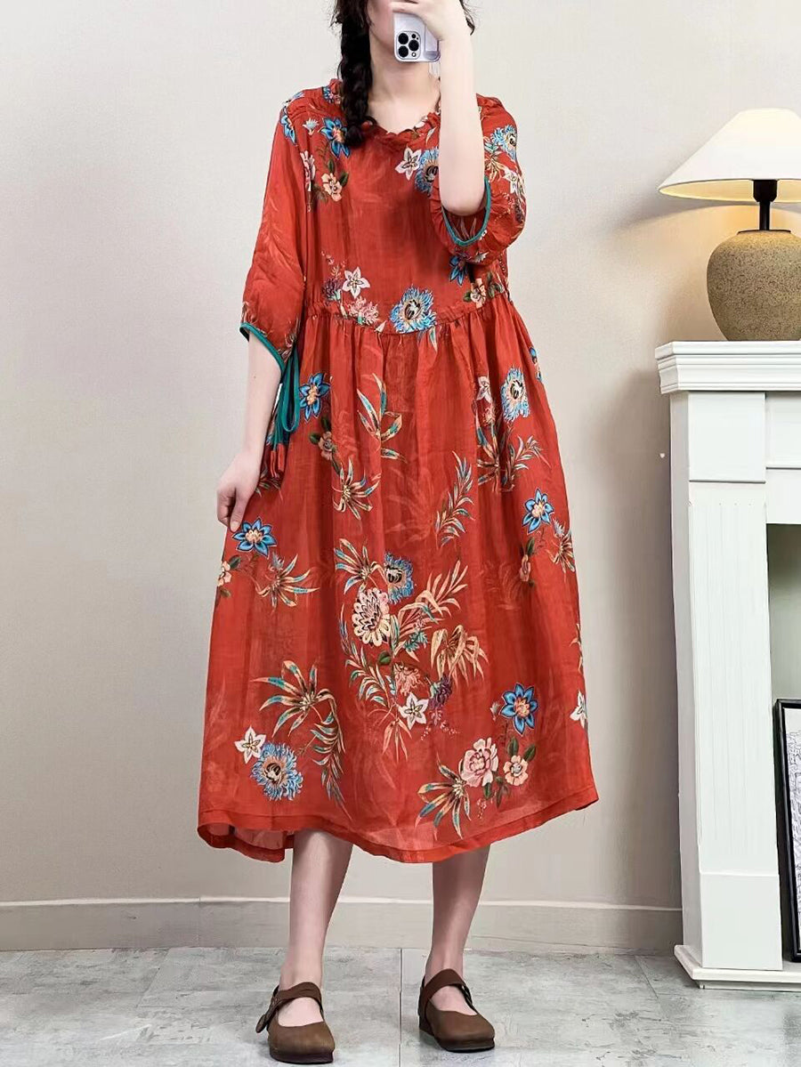 Women Summer Vintage Floral Strap Ramie Dress IO1016