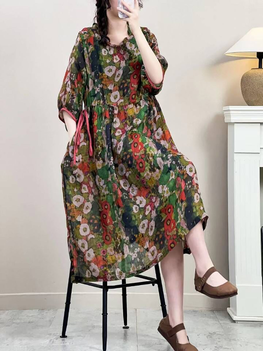 Women Summer Vintage Floral Strap Ramie Dress IO1016