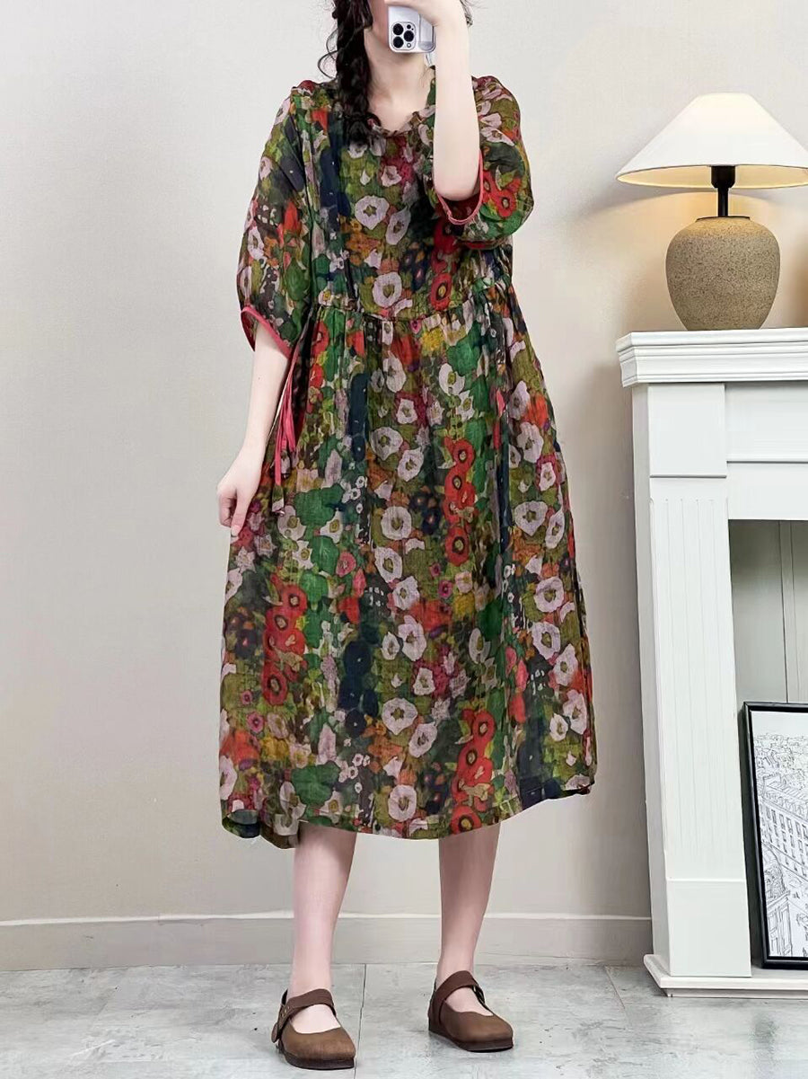 Women Summer Vintage Floral Strap Ramie Dress IO1016