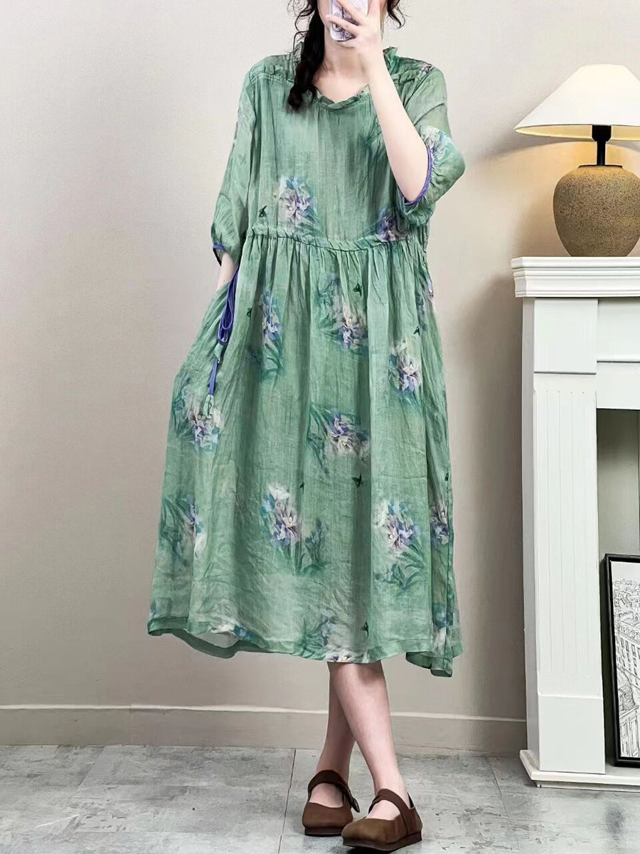 Women Summer Vintage Floral Strap Ramie Dress IO1016