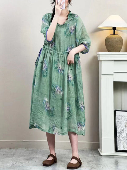 Robe d'été vintage à bretelles florales en ramie pour femmes IO1016