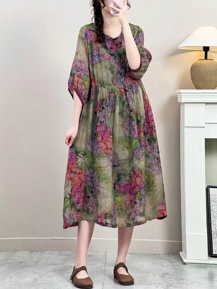 Women Summer Vintage Floral Strap Ramie Dress IO1016