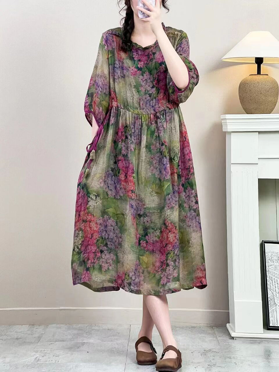 Women Summer Vintage Floral Strap Ramie Dress IO1016