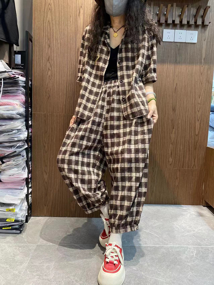 Plus Size Women Vintage Plaid 100%Cotton Summer Suits IO1032