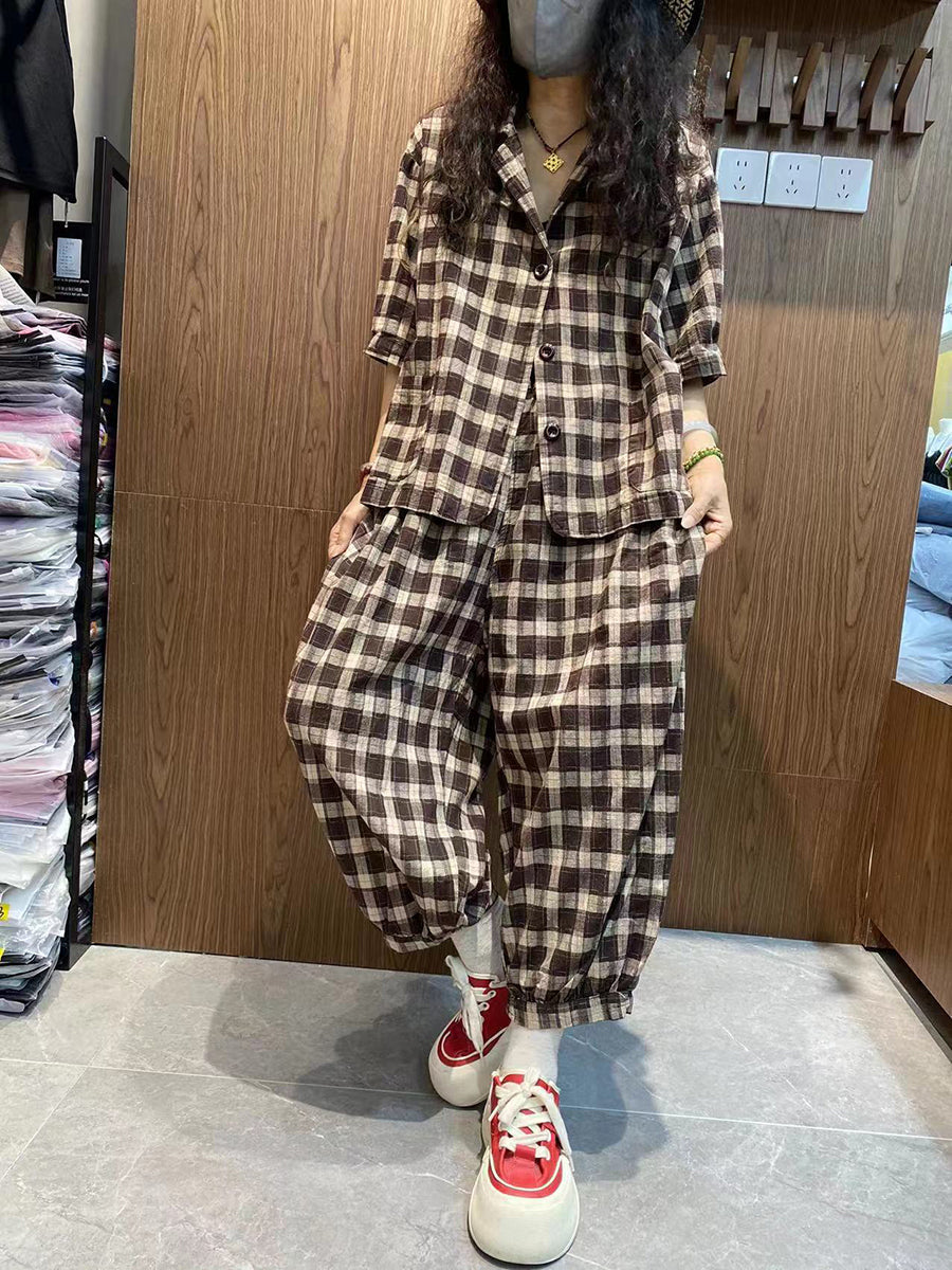 Plus Size Women Vintage Plaid 100%Cotton Summer Suits IO1032