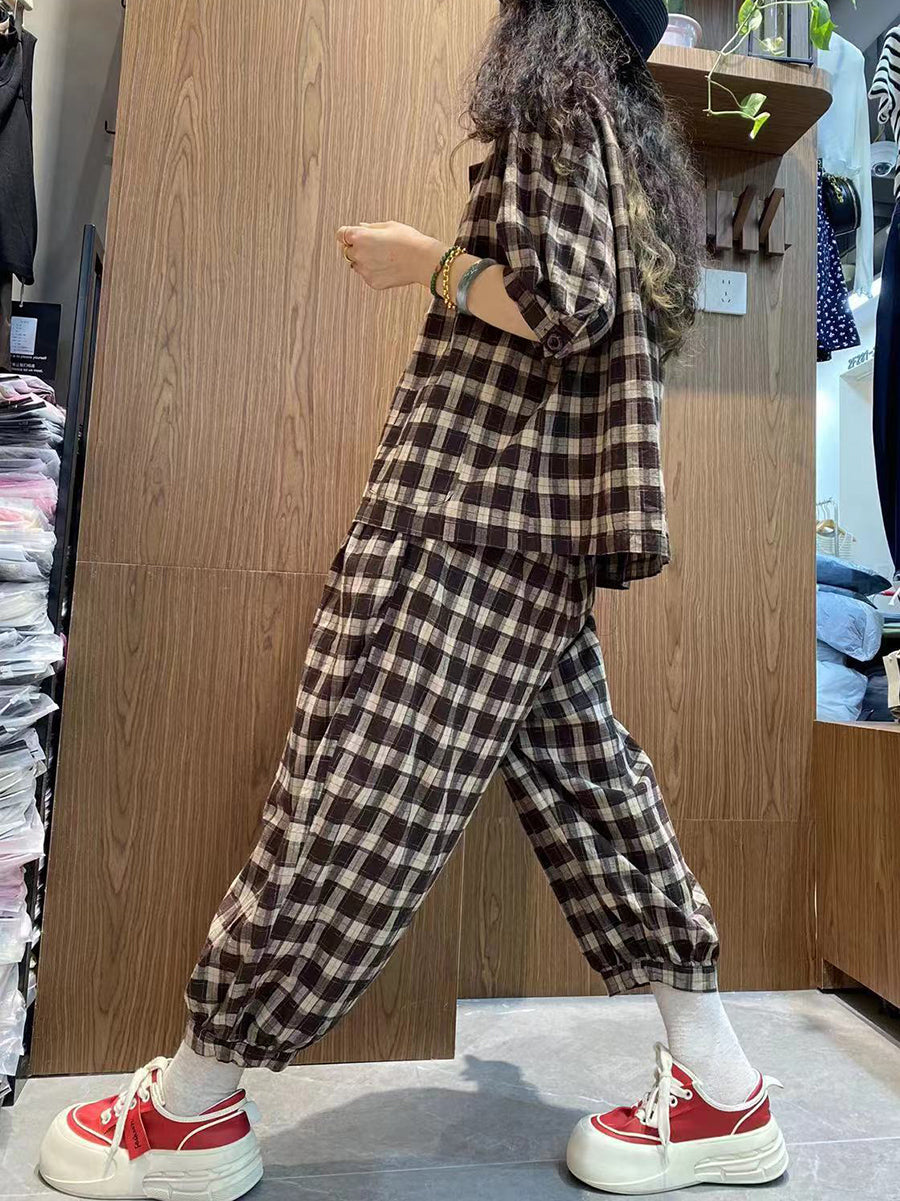 Plus Size Women Vintage Plaid 100%Cotton Summer Suits IO1032