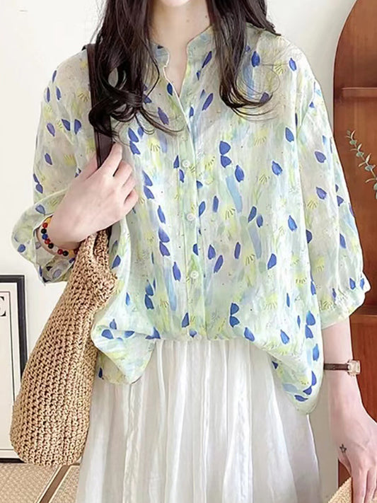 Women Summer Artsy Floral Ramie Loose Shirt AS1028