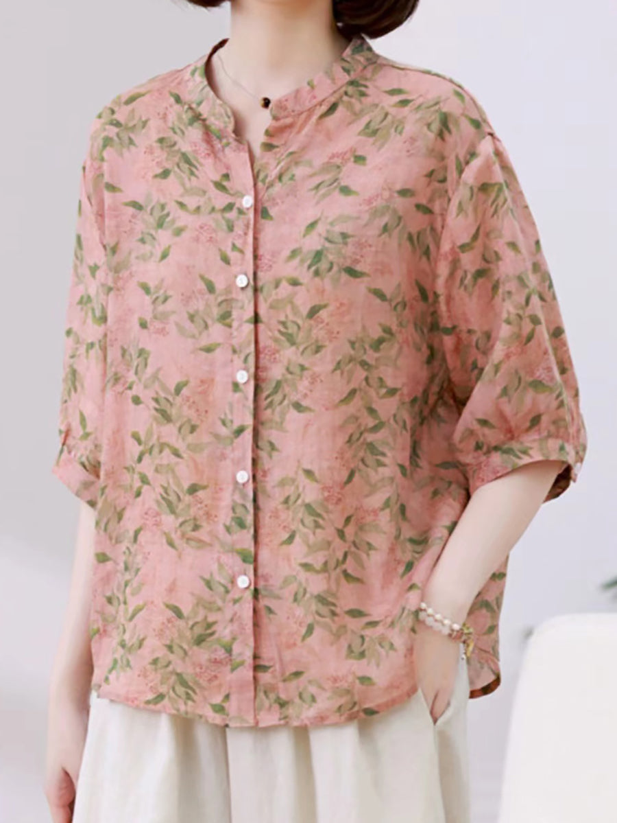 Damen Sommer Artsy Floral Ramie Loose Shirt AS1028